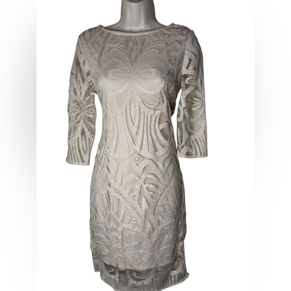 Julia Jordan Blush Pastel Pink Crochet Lace Illusion Sleeve Sheath Shift Dress 6 - Picture 3 of 16